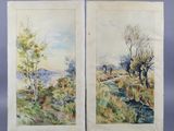 deux aquarelles représentant des arbres et une rivière dans un champ