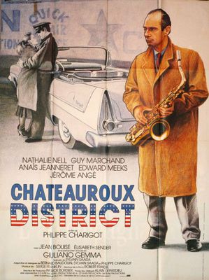 french movie poster of a man playing a saxophone in front of a car