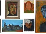 several paintings of people are shown in a row on a white background