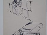 un dessin en noir et blanc représentant un livre posé sur une table