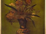 peinture représentant un vase contenant des fleurs sur fond vert