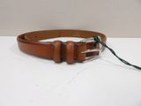 a close up of a brown belt with a metal buckle on a white surface