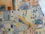 a painting of a view of a city from a window