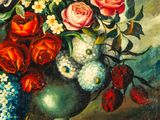 a painting of flowers in a vase on a table
