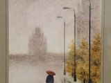 a painting of a woman walking down the street with an umbrella