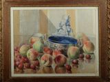 a painting of a bowl of apples and a bowl of peaches on a table