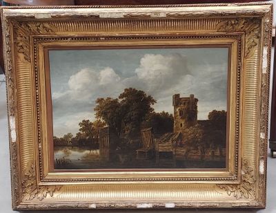 une image représentant un tableau d'un château au bord d'une rivière