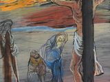 a painting of jesus on the cross with other people