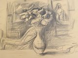 un dessin représentant un vase contenant des fleurs