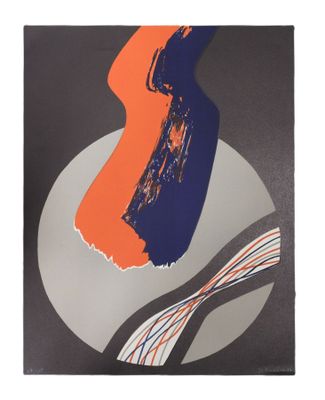 an orange and blue abstract painting on a black background