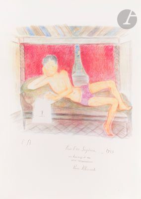 drawing of a man laying on a couch with a bottle in his hand