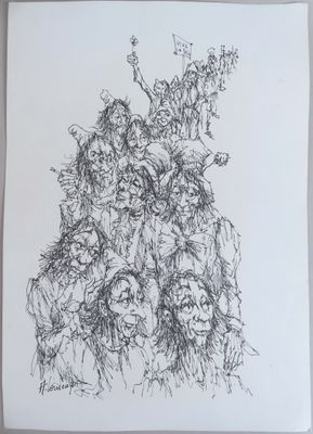 un dessin représentant un groupe de personnes assises les unes sur les autres