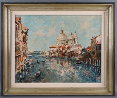 painting of a view of a canal with a church in the background
