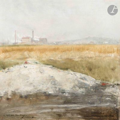 a picture of a painting of a field with a building in the background
