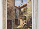 an oil painting of a street scene with steps leading to a building