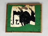a picture of a black and white painting on a green background