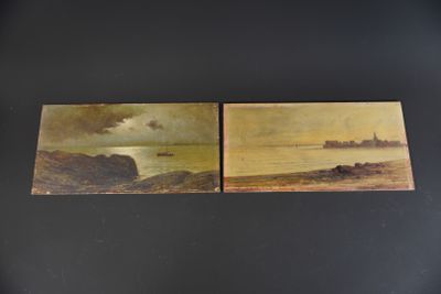 deux photos d'un tableau représentant un bateau sur un plan d'eau, avec un phare au loin