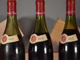 three bottles of wine sitting on a wooden shelf