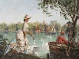 a painting of a woman and two swans in a lake
