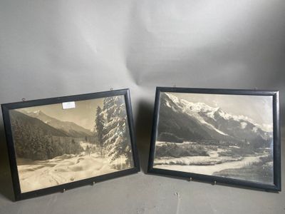 two black and white photographs of a mountain scene and a river
