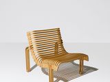 an image of a wooden lounge chair sitting on top of a white floor