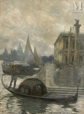 a painting of a gondola on the water with a building in the background