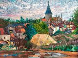 painting of a view of a village with a church in the background
