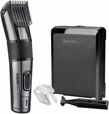 an image of a black and silver hair clipper next to a black box