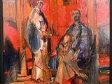 an oil painting of a man and a woman in a red room