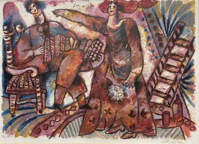an image of a painting of a man and a woman sitting on a chair