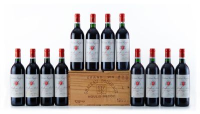 six bouteilles de vin rouge dans une caisse en bois sur fond blanc