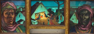 three paintings of people in a room with a fireplace in front of them