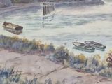 a painting of several boats on the water near the shore