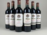 six bottles of wine are lined up in a row