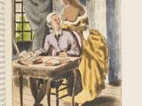 illustration représentant une femme et un homme assis à une table devant une fenêtre