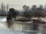 a watercolor painting of a boat on a river