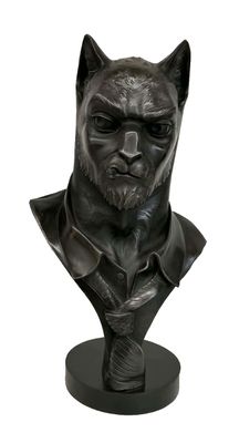bust of a man with a cat ' s head on a black base