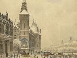 tableau représentant une vue d'une rue de la ville avec un pont et une tour horloge