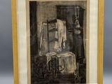 un dessin en noir et blanc représentant une chambre avec un lit et une chaise