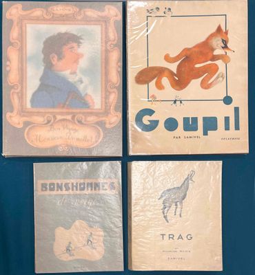 four children ' s books with pictures of animals on them on a blue surface