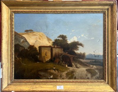 an image of a painting of a mountain scene with a house in the foreground