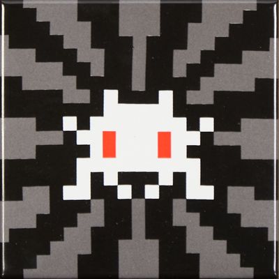 an image of a black and white picture with a red eye on it