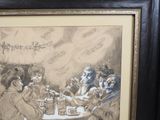 drawing of a group of people sitting around a table with drinks