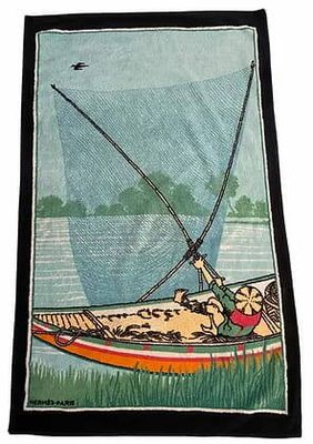 HERMÈS Serviette / Drap / Tapis de plage en coton imprimé vi…