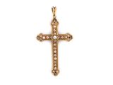 a gold cross pendant with diamonds on a white background