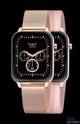 the two watches are shown side by side on a black background