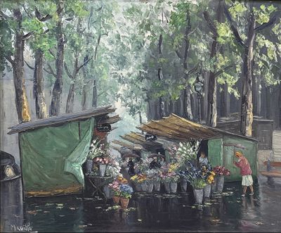 un tableau représentant un vendeur ambulant vendant des fleurs sous la pluie