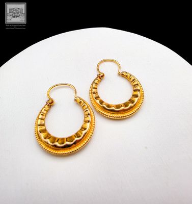 pair of gold tone hoop earrings on a white surface