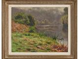 a painting of a river scene with a boat in the water
