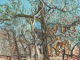 a painting of a tree in the middle of a field